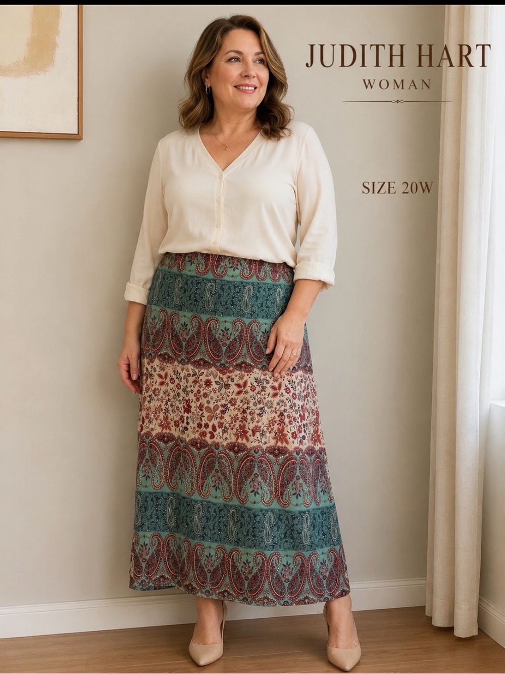 Judith Hart Woman Plus 20W Boho Paisley Floral Maxi Skirt Teal Burgundy Lined